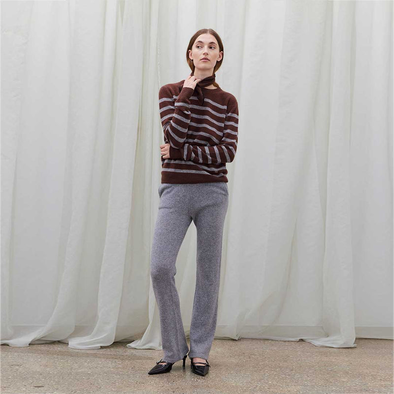 BETA STUDIOS Bibi striped O-neck cashmere strik - brun/grå