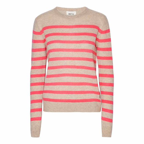 BETA STUDIOS Bibi striped O-neck strik - sand/pink