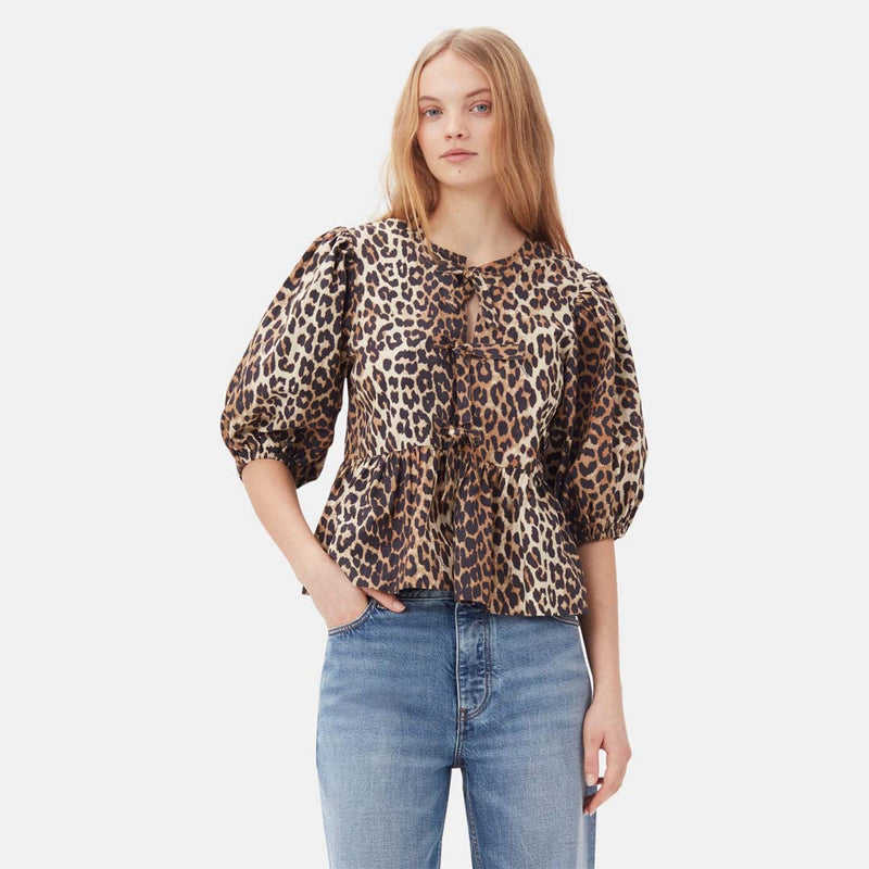 GANNI F9116 Printed Cotton Poplin Peplum Blouse - leopard