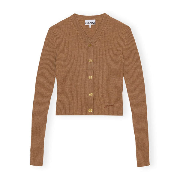 GANNI K2206 Mini Ribbed Merino Cardigan - safari