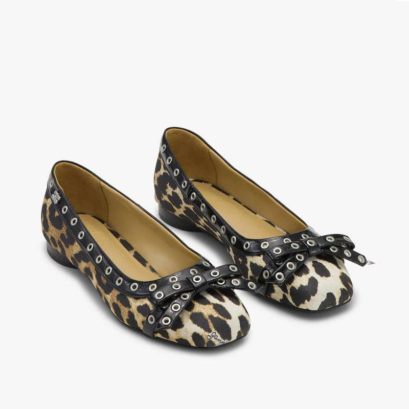 GANNI S2889 Eyelets Bow Satin ballerina sko - leopard